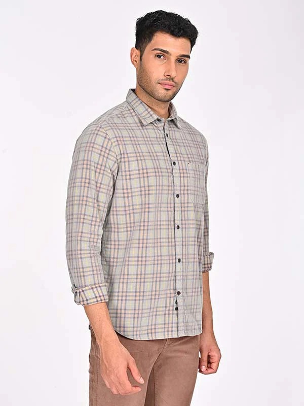 Indian Terrain Men's Regular Fit Full Sleeve Checkered Grey Shirt
